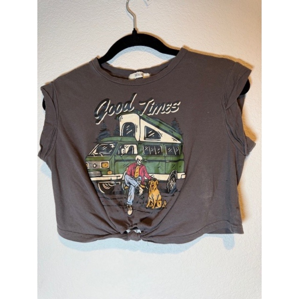 Micas Womens Good Times Skeleton Camper Graphic Crop Top Gray Sleeveless Medium